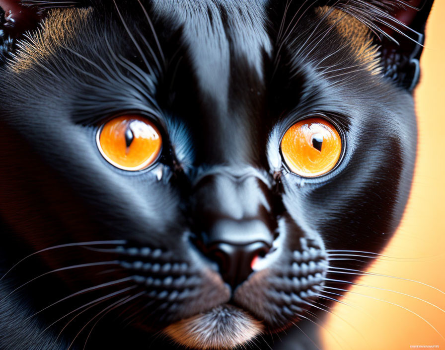 Black Cat with Striking Orange Eyes and Whiskers on Orange Background