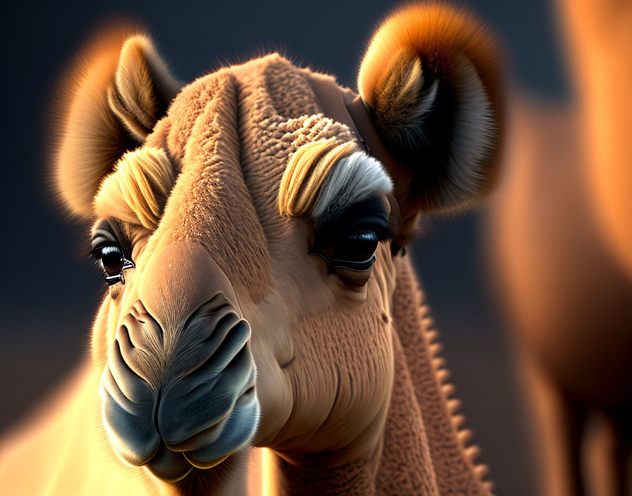 Realistic 3D rendering of camel head with expressive eyes and fur texture