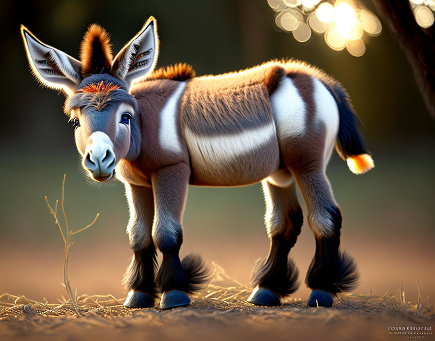 Imaginative donkey-zebra hybrid in sunlit forest