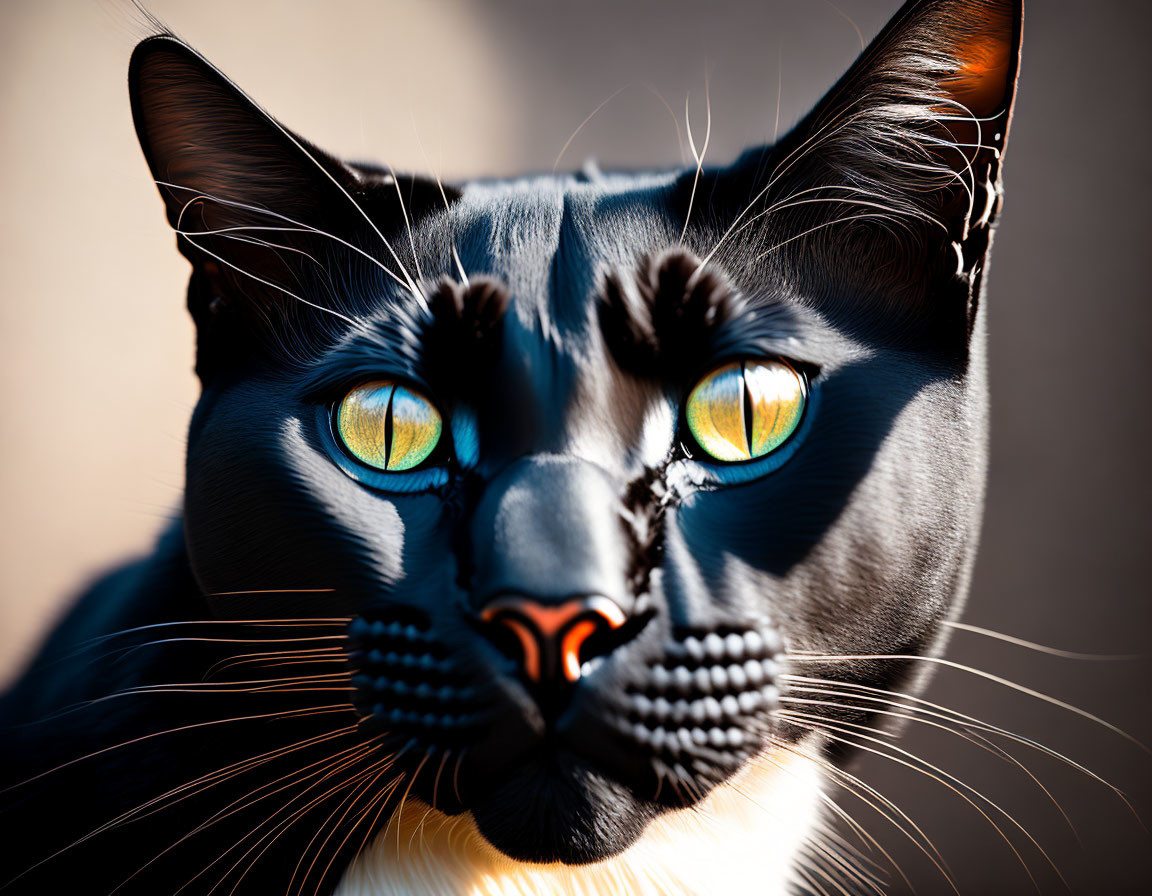 Black Cat with Striking Blue Eyes and Prominent Whiskers Close-Up