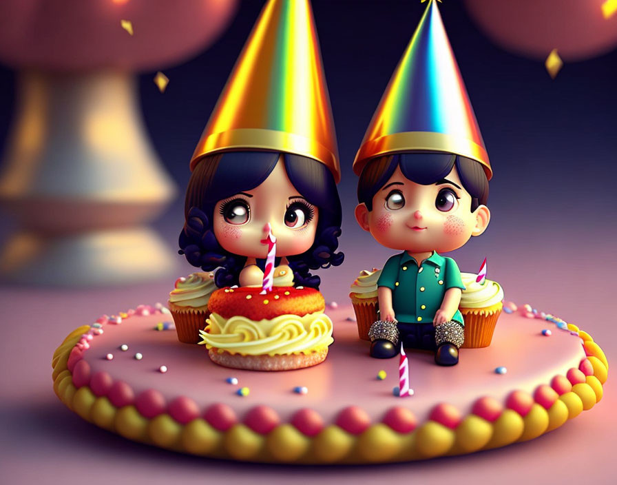 Animated children characters with party hats near cupcakes and lit candles