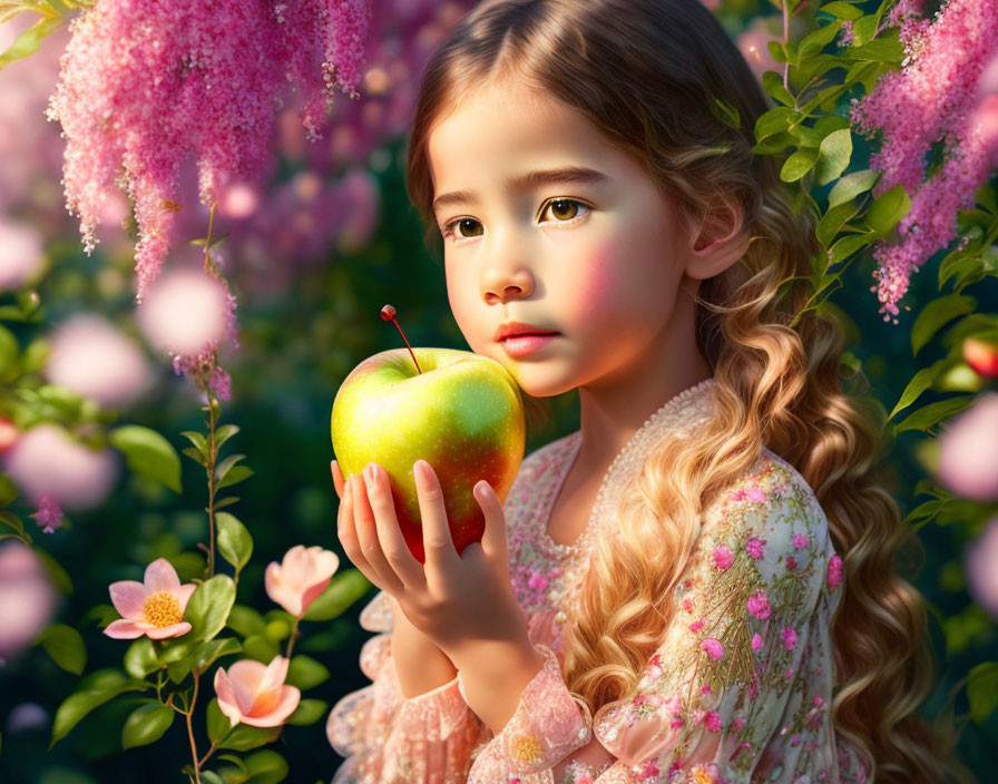 Young girl with long curly hair holding shiny apple in vibrant pink garden.