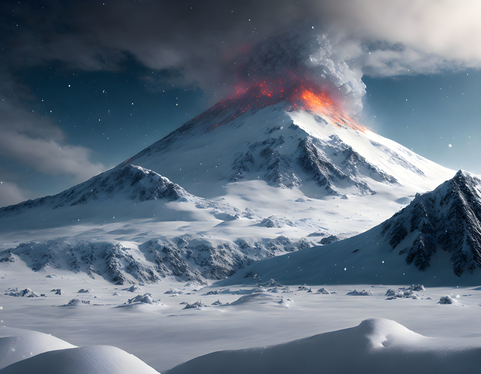 Snow-covered landscape with erupting volcano under starry sky