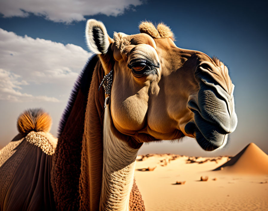 Smiling camel in desert landscape under clear blue sky