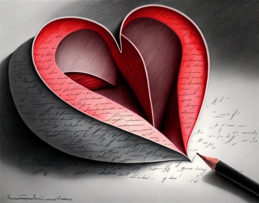 Pencil-drawn 3D heart on cursive script pages with shadow