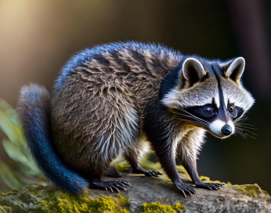 Bushy-tailed raccoon perched on rock with distinct facial markings