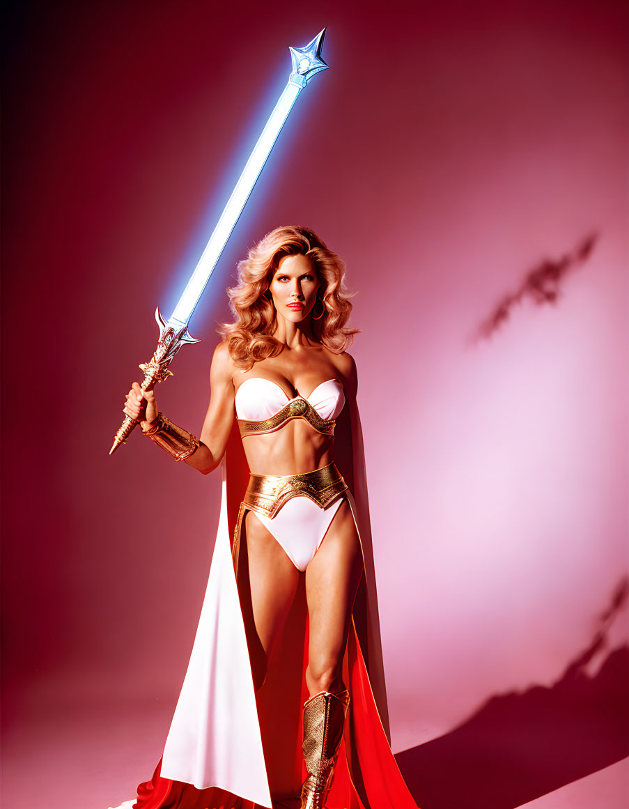 Warrior woman in red cape and golden armor wields glowing blue sword on red background.