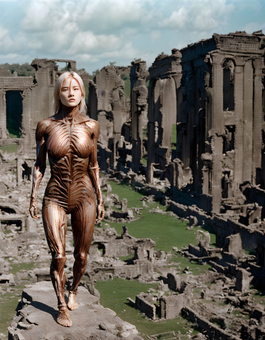 Realistic female android in copper finish on rocky outcrop with ancient ruins and blue sky