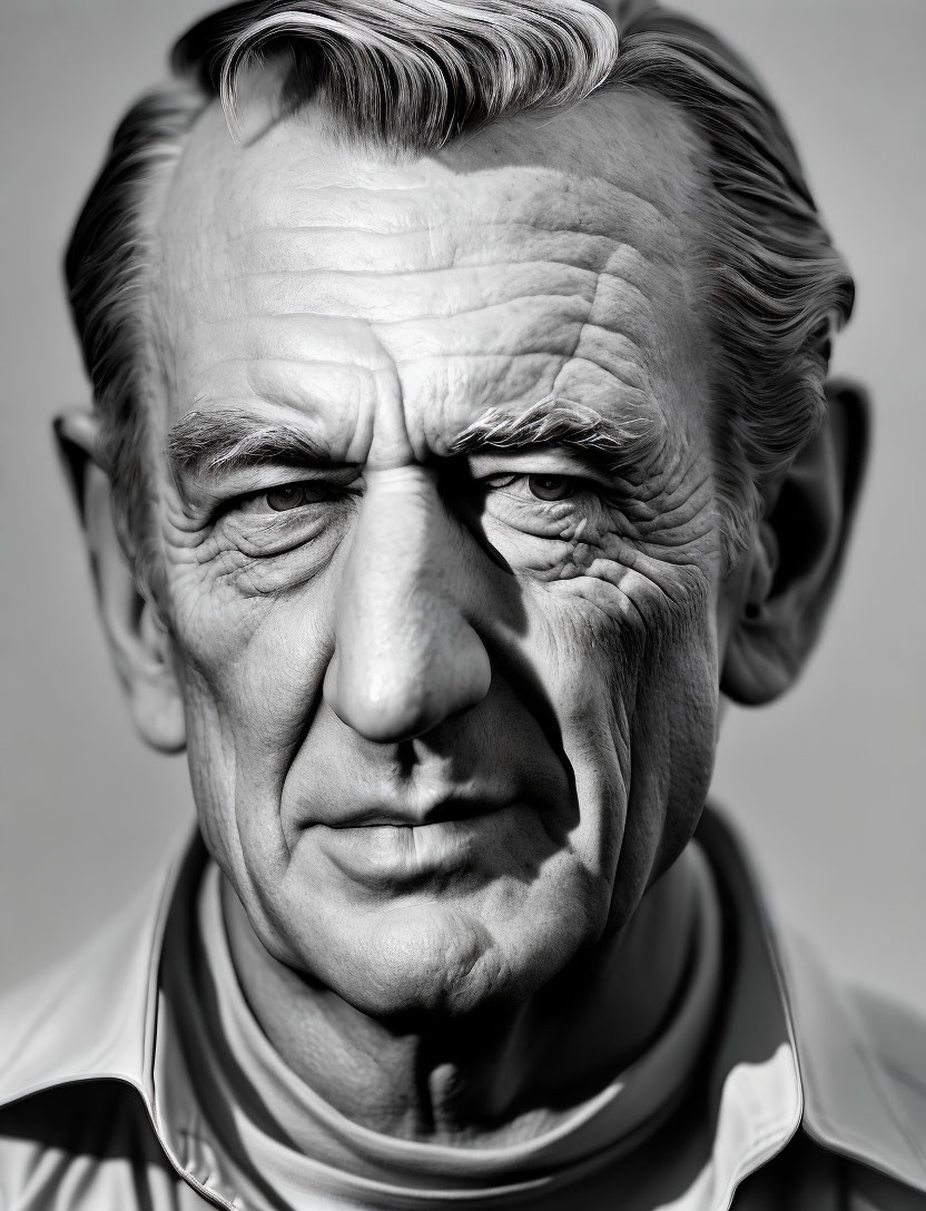 Detailed Black and White Portrait of Mature Man with Wrinkles and Intense Gaze