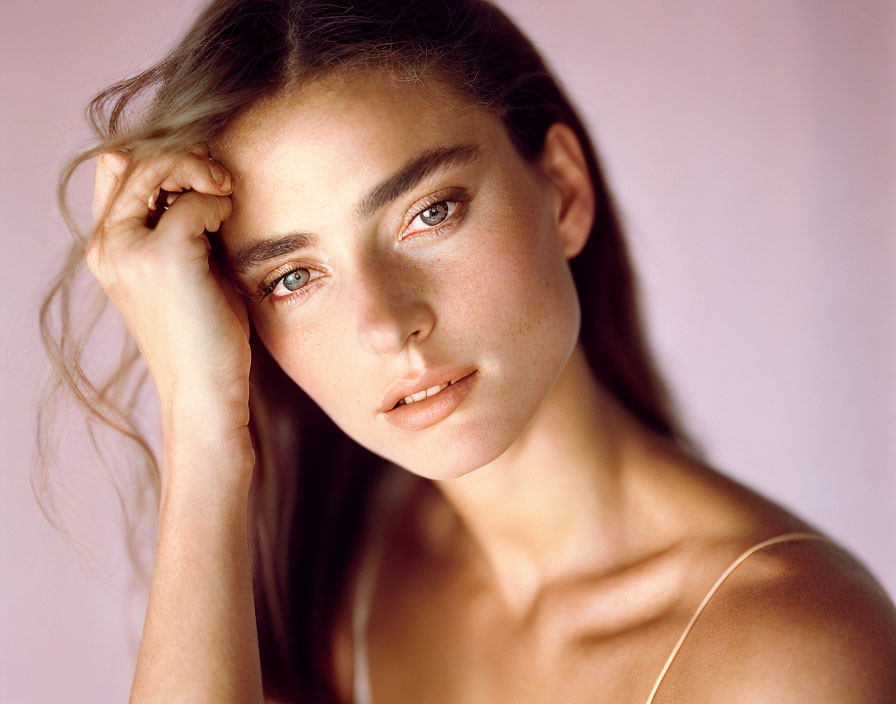 Freckled woman with green eyes touching hair on pink background