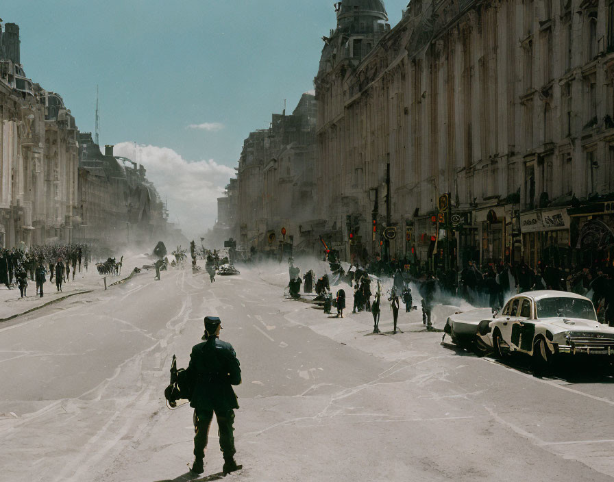 Vintage city street scene with pedestrians, cars, and policeman.