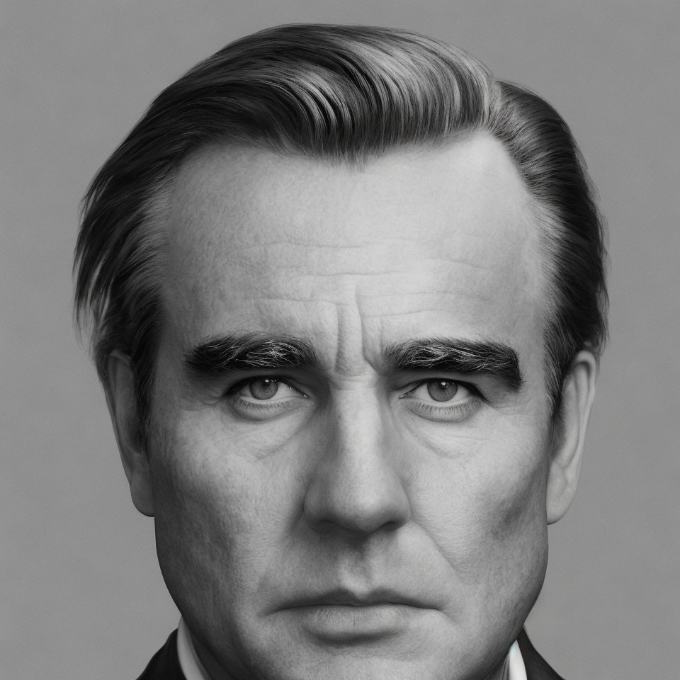 Monochrome portrait of middle-aged man in suit with serious expression