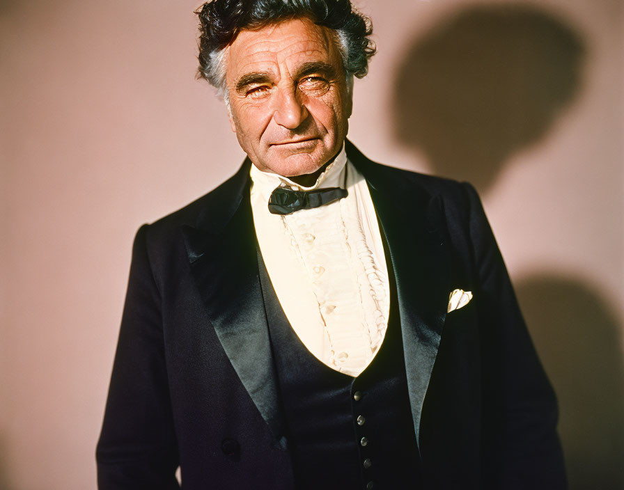 Elderly man in dark tuxedo on pink backdrop