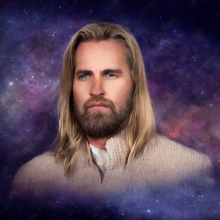 Man with Long Blond Hair and Beard in Sweater on Starry Background