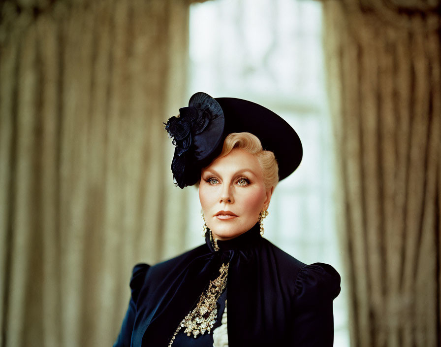 Blonde woman in vintage attire with black hat and jewelry