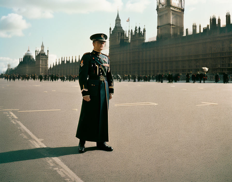 Confident guard at Big Ben and UK Parliament on sunny day