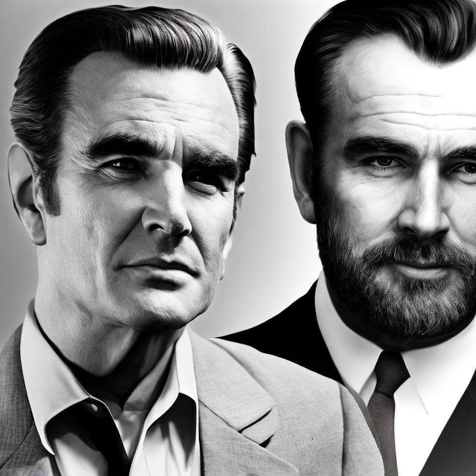 Two Men with Classic Hairstyles: Clean-Shaven vs. Bearded, Grayscale