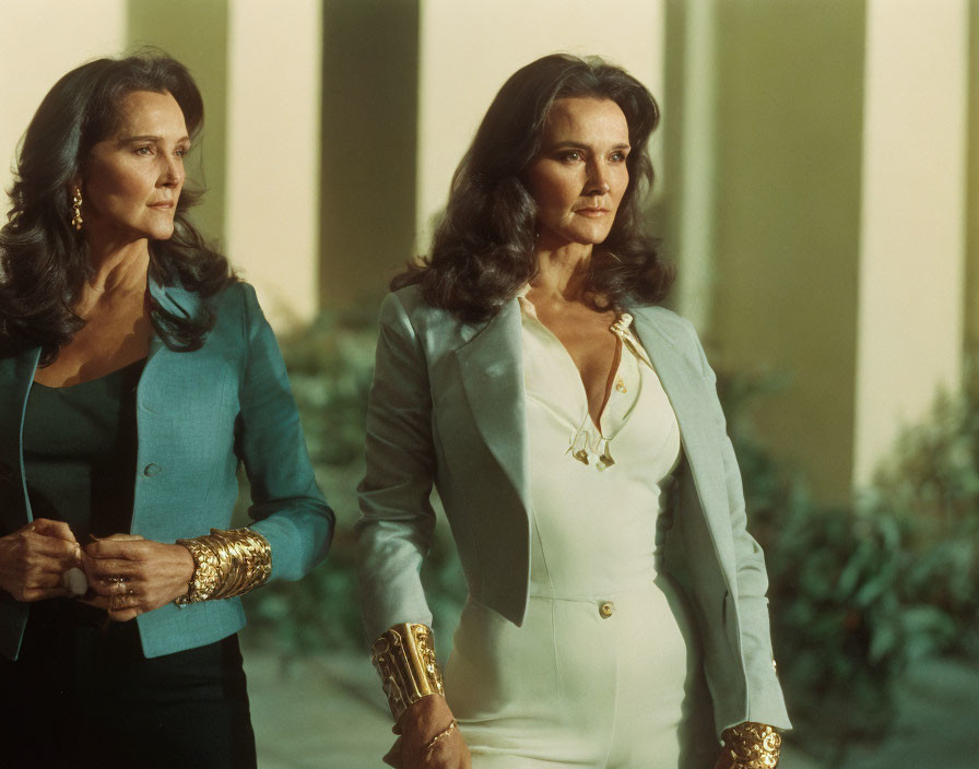 Two women in blue blazer and white suit walking with gold accessories