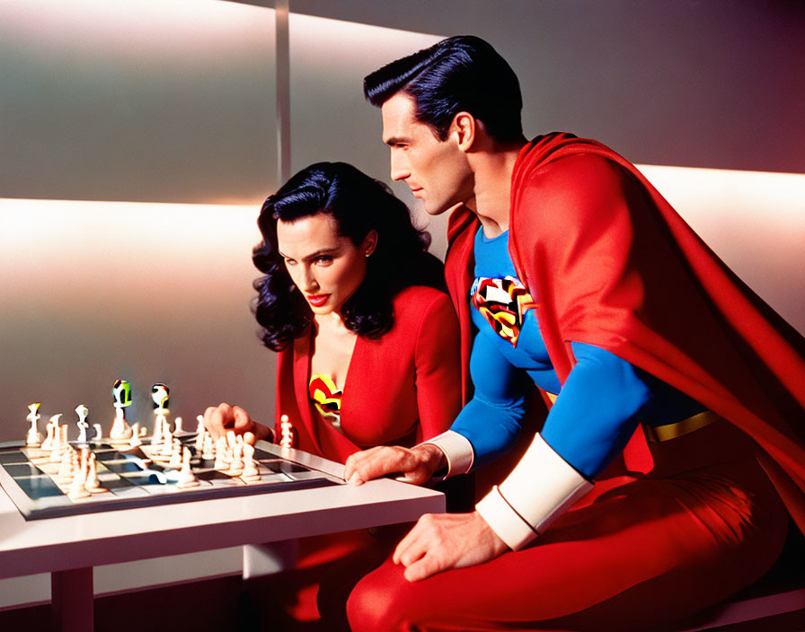 Male and female superheroes playing chess in vibrant costumes