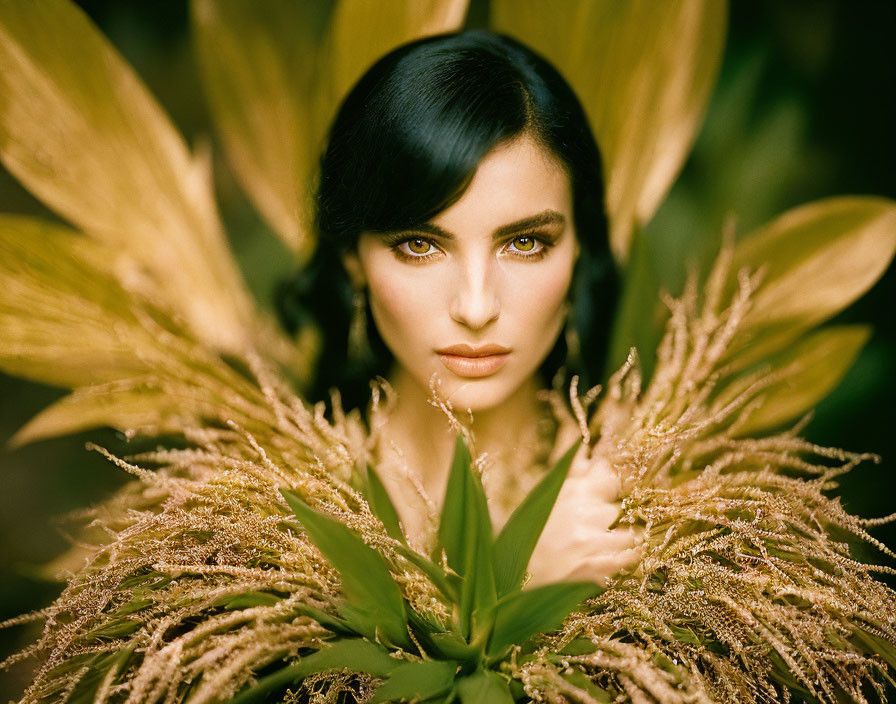 Dark-haired woman with green eyes in nature-inspired setting.