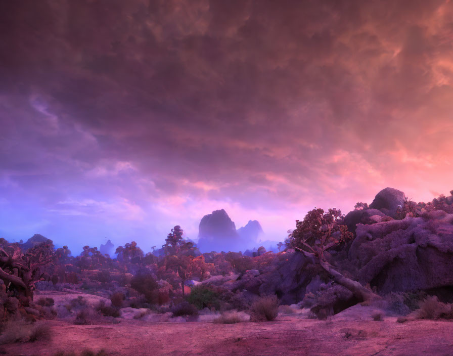 Surreal purple landscape with rocky terrain and twisted trees