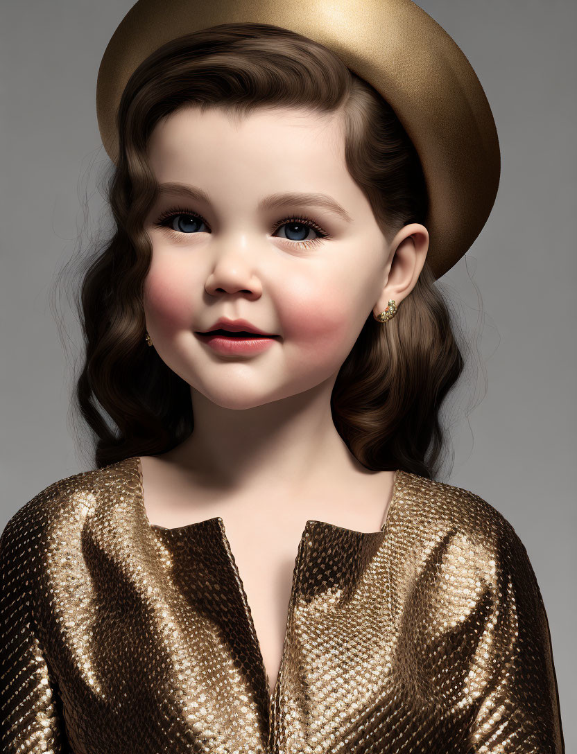 Young girl with curly hair in golden hat and top on grey background