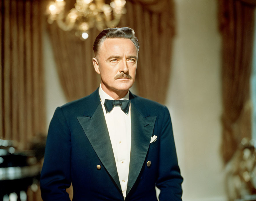 Formal blue tuxedo with bow tie on distinguished man in elegant room