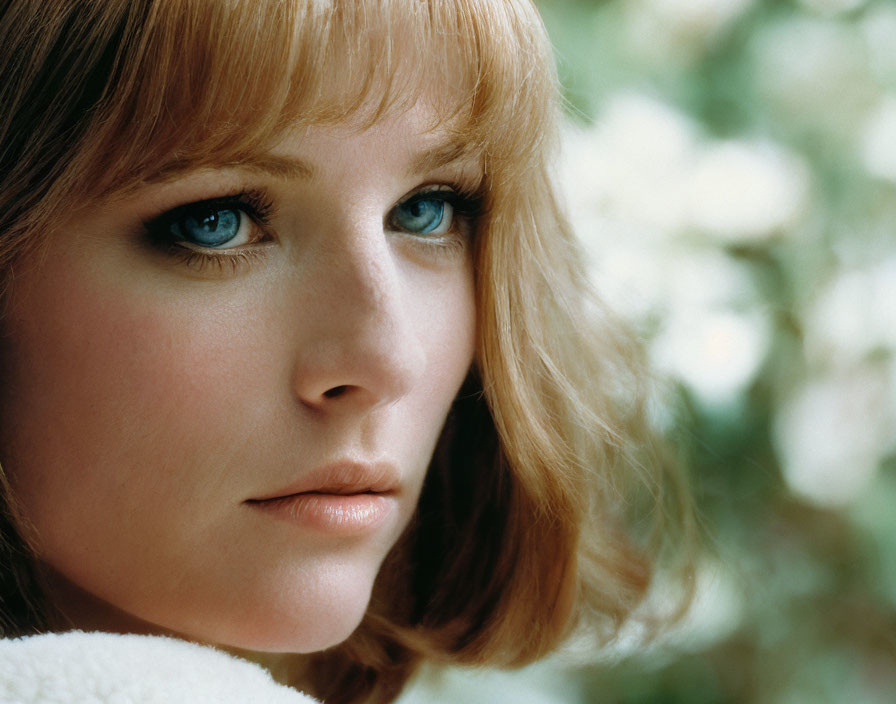 Portrait of woman with blue eyes, fair skin, and light brown hair among white blossoms