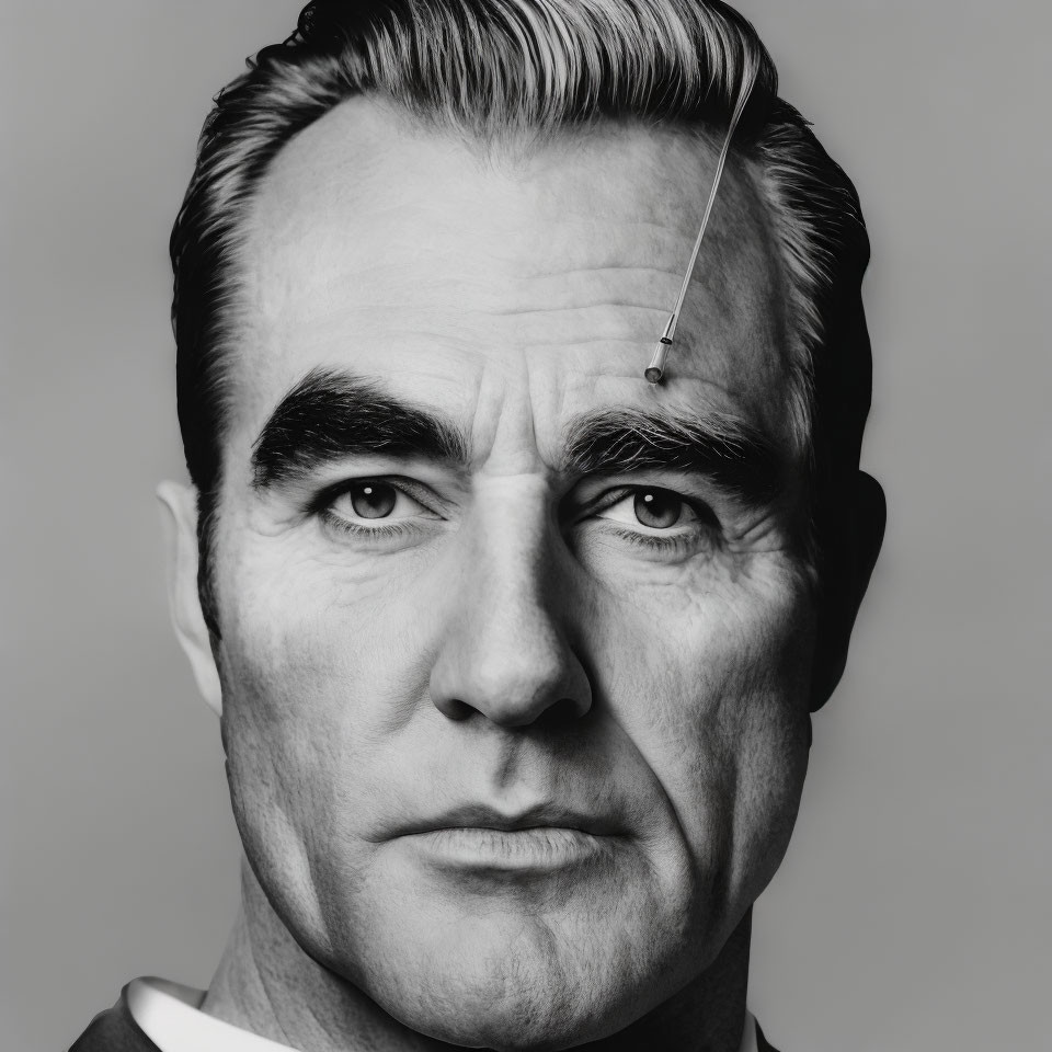 Monochrome portrait of a man with slicked-back hair and intense gaze