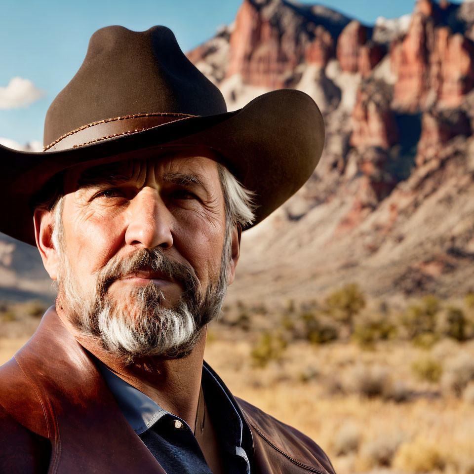 Bearded man in cowboy hat and leather jacket in desert mountains