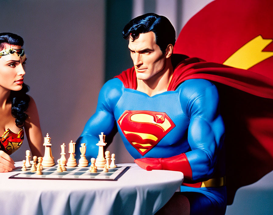 Superman and Wonder Woman figurines in chess pose