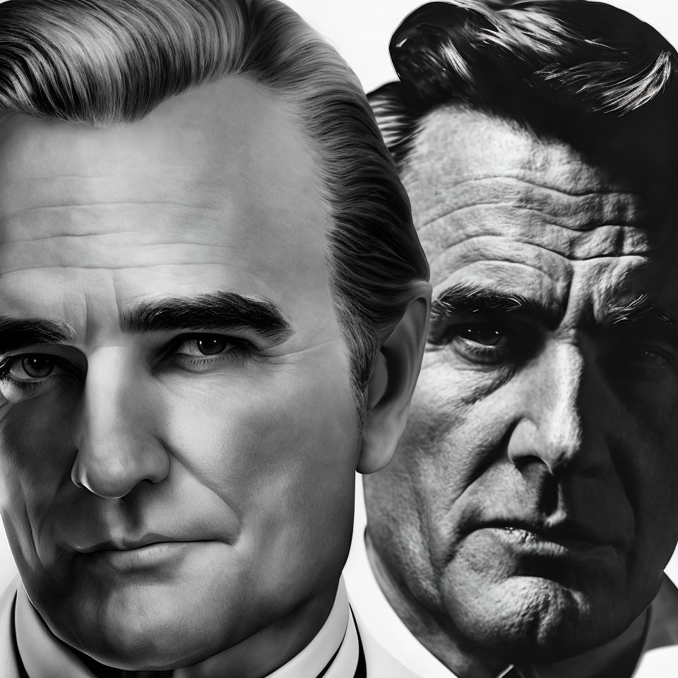 Intense grayscale stylized portraits of men in different expressions