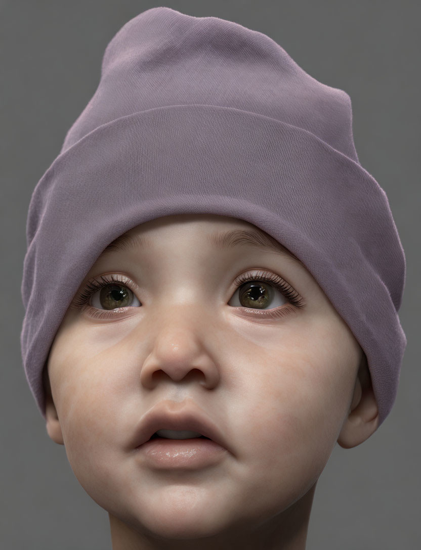 Toddler in Purple Beanie with Wide Green Eyes