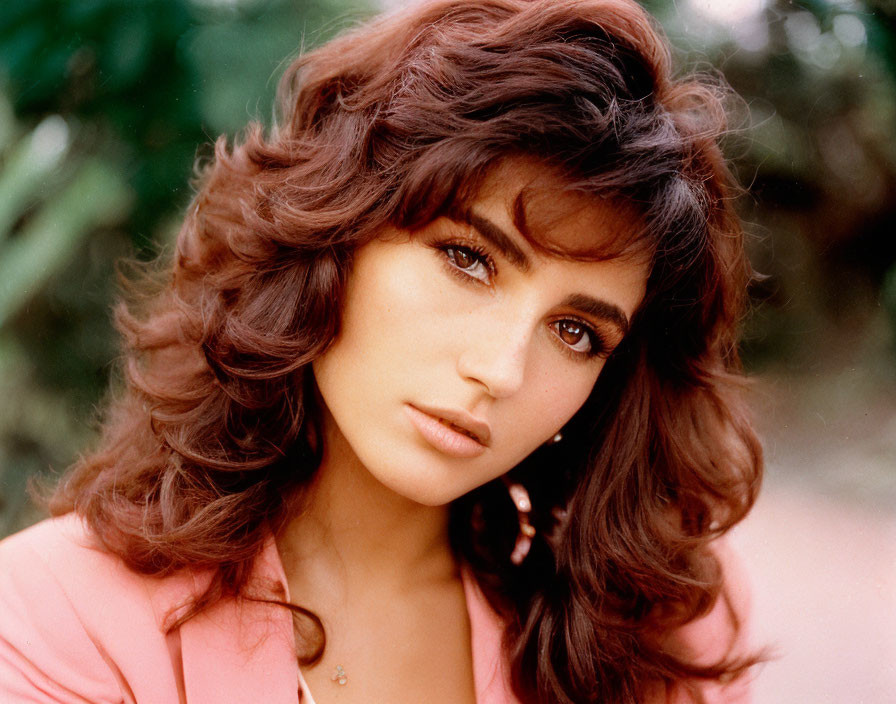 Portrait of a woman with voluminous curly brown hair and pink blazer