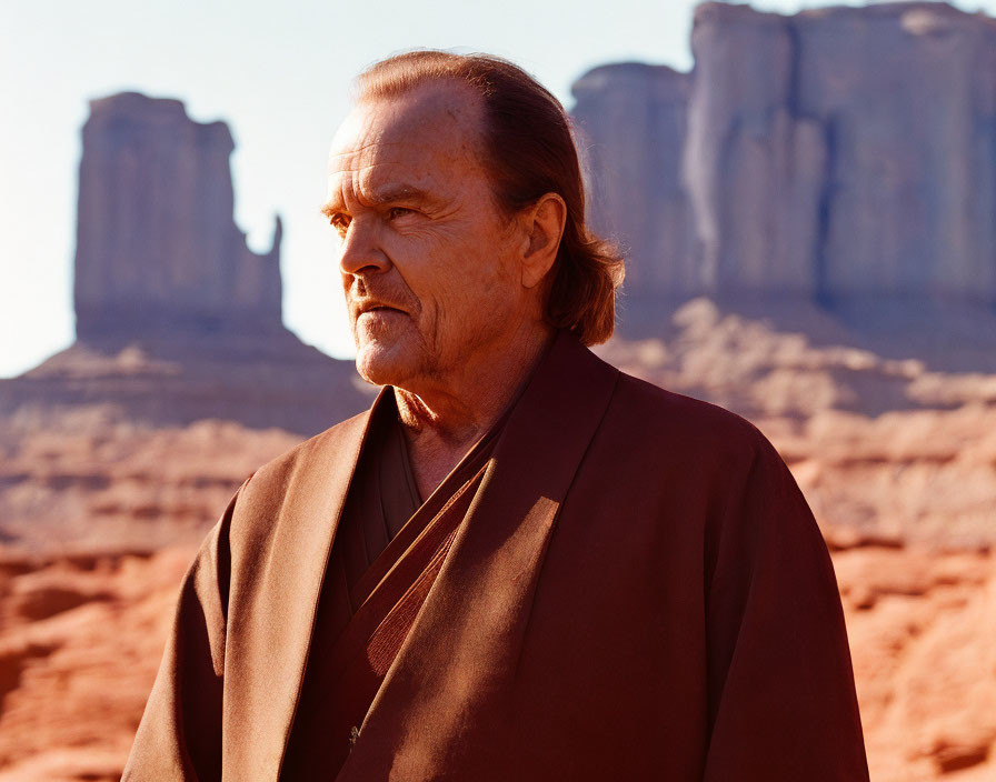 Man in brown robe with determined expression in desert with rock formations