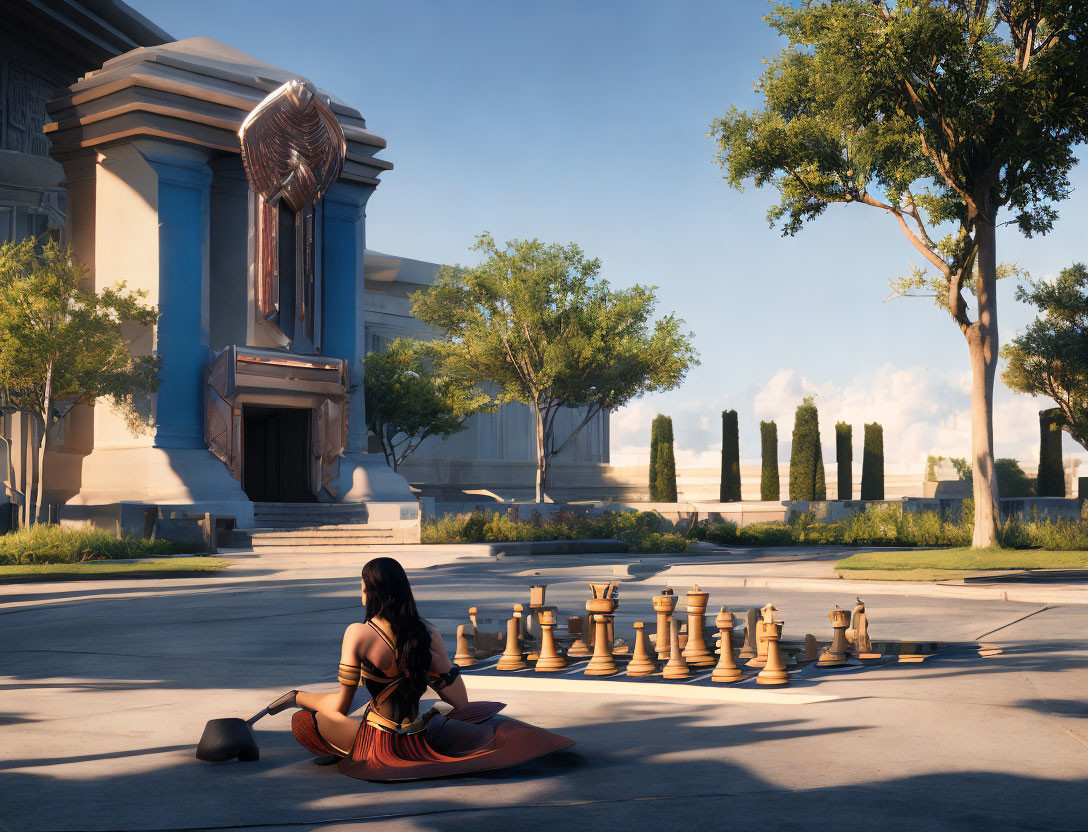 Warrior woman contemplates giant chessboard in classical courtyard