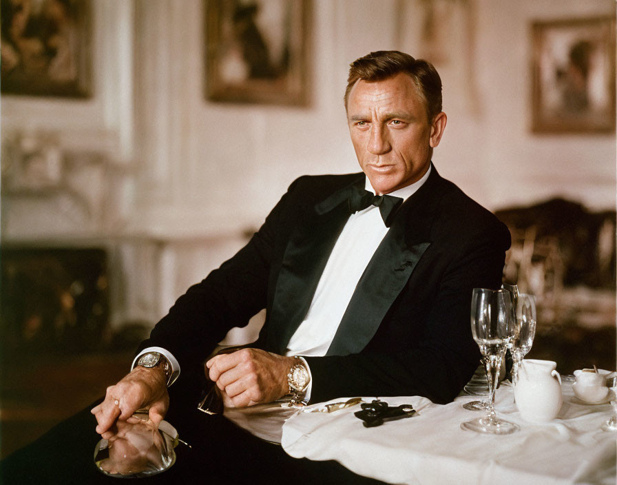 Man in tuxedo sitting at dining table with cigarette