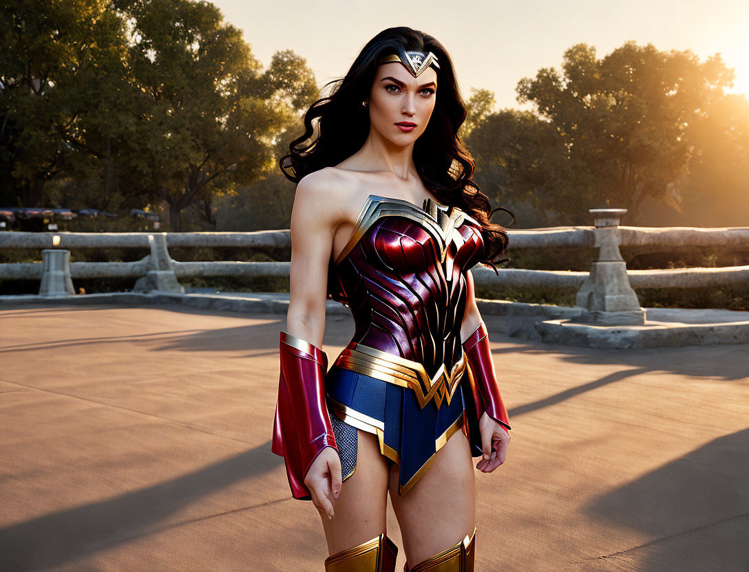 Person in Wonder Woman costume with tiara in sunny park setting