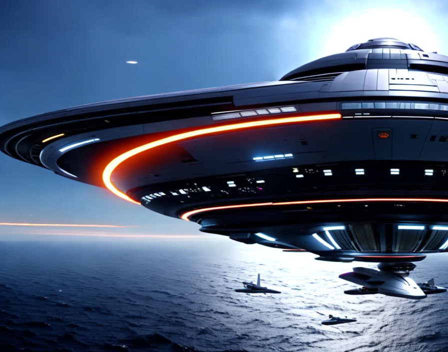 Futuristic spaceship with glowing lights over ocean at sunset