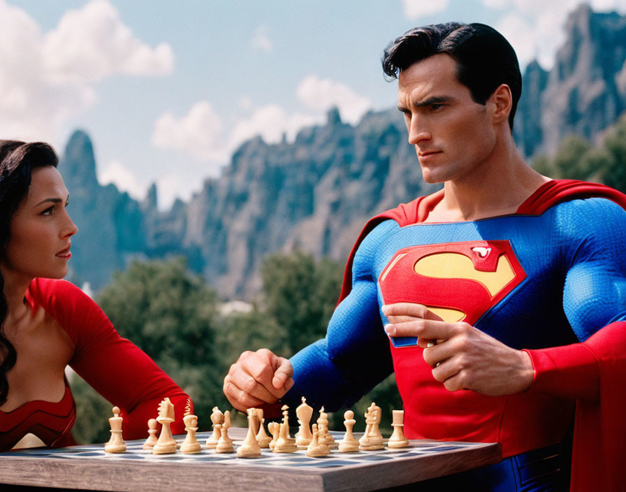 Superhero chess game with outdoor backdrop