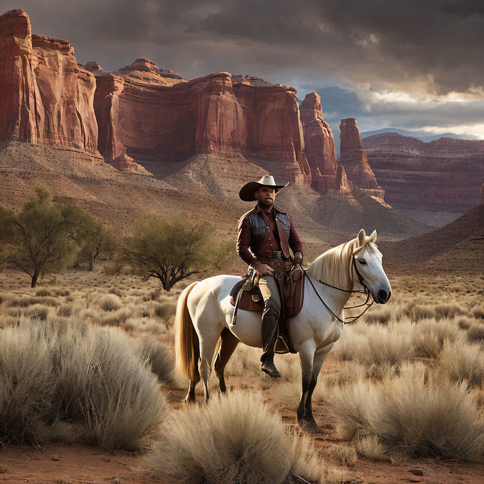 Desert cowboy on white horse with red rock formations and cloudy sky