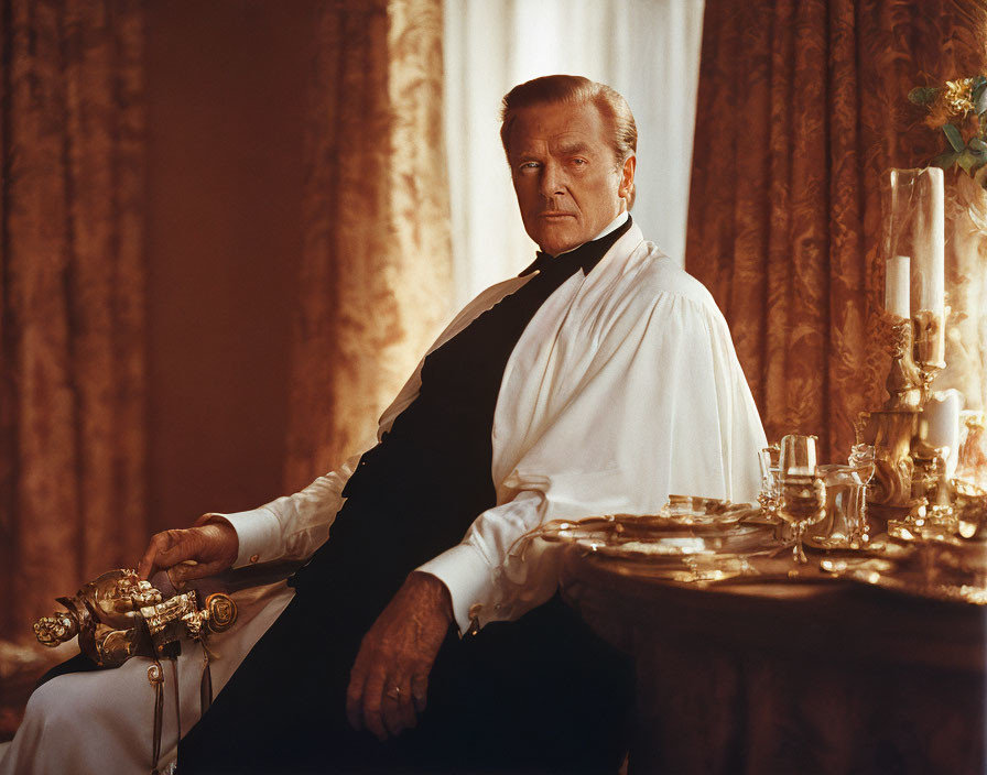 Sophisticated man in formal attire by table with candelabra