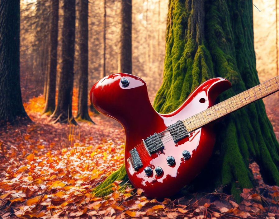 Red Electric Guitar Leaning Against Moss-Covered Tree in Autumn Forest