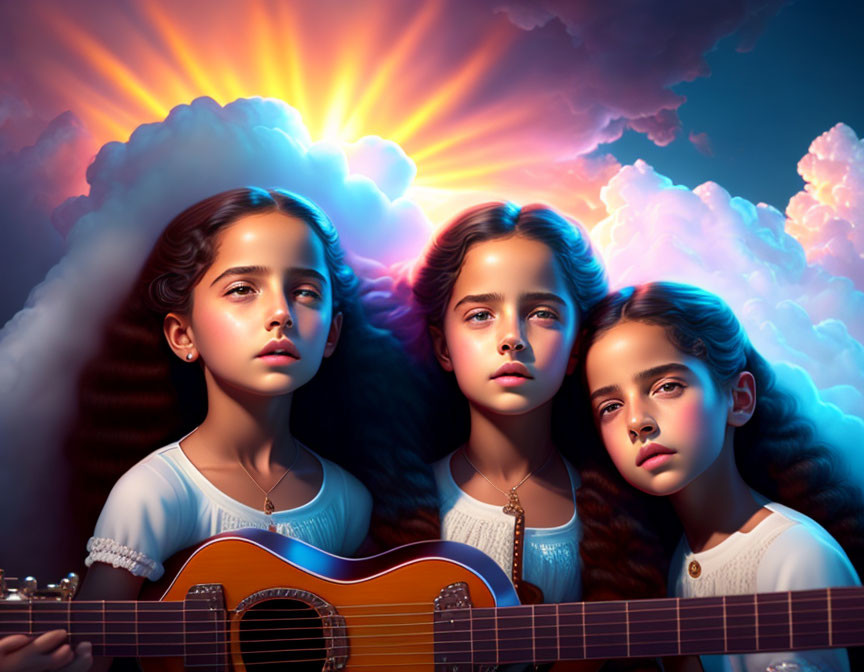 Three identical girls with ethereal glow, one holding a guitar, against radiant sunset and clouds.