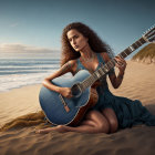 Young woman playing blue guitar on sandy beach with ocean and clear sky