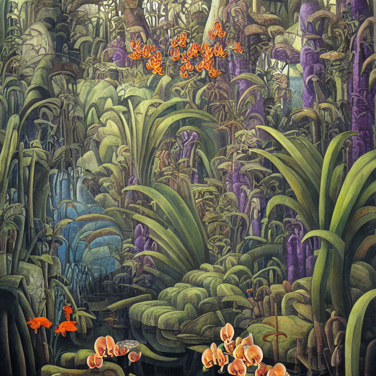 Detailed illustration of lush tropical jungle with bright orange flowers