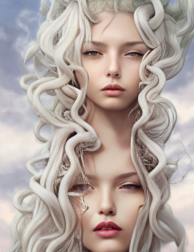 Two women with white curly hair in serene pose against cloudy sky.