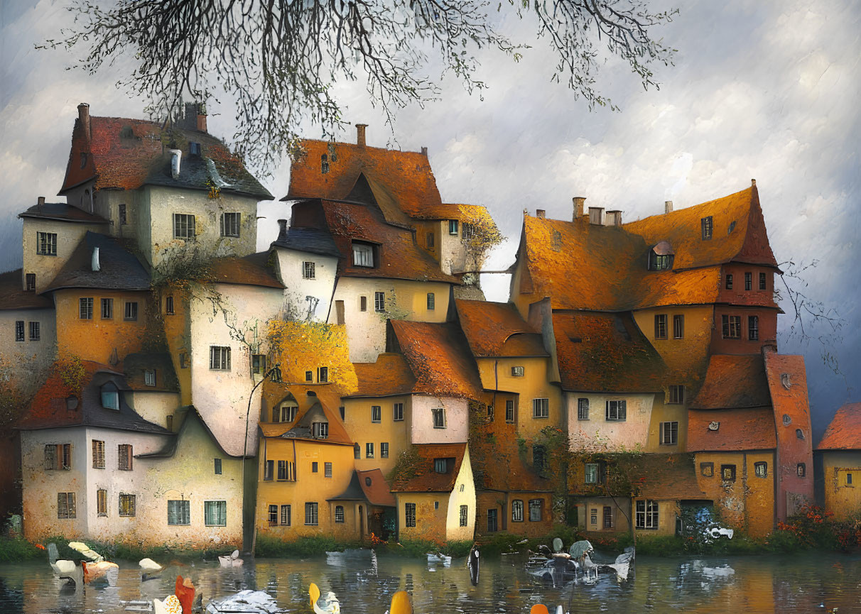 Colorful Houses by River with Swans and Autumn Tree in Warm Light