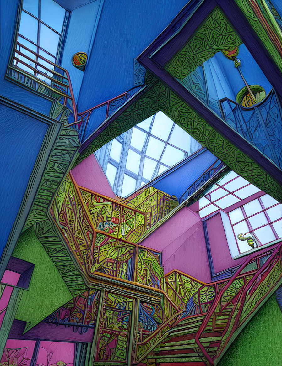 Vibrant abstract building interior with geometric design