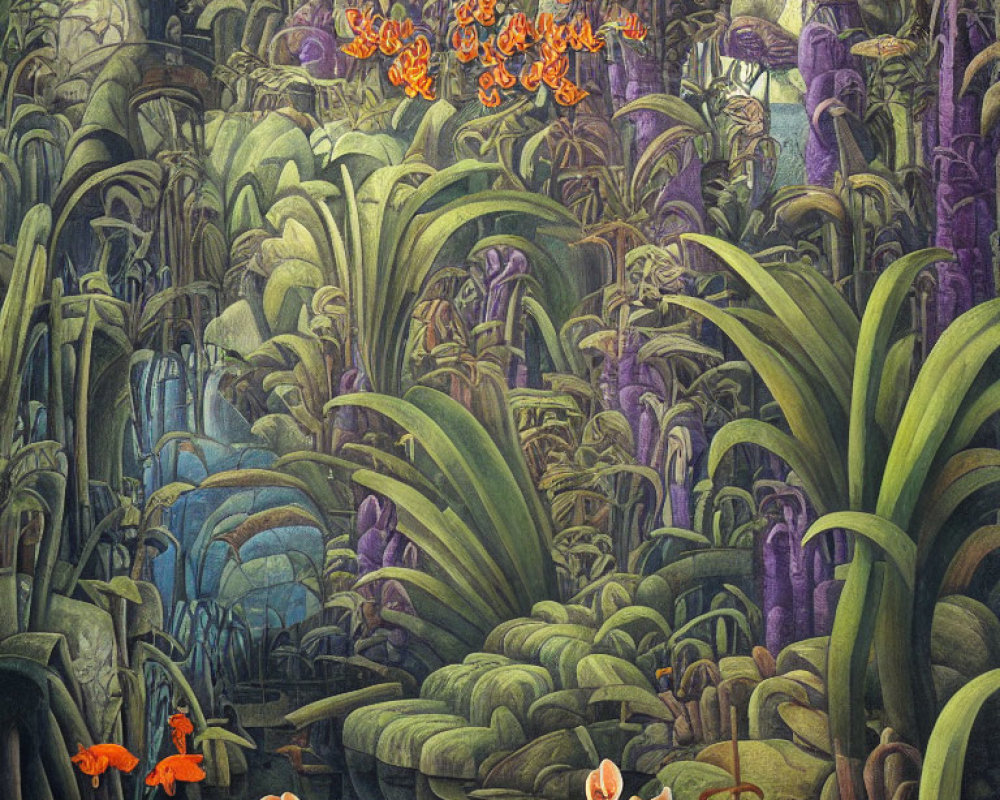 Detailed illustration of lush tropical jungle with bright orange flowers